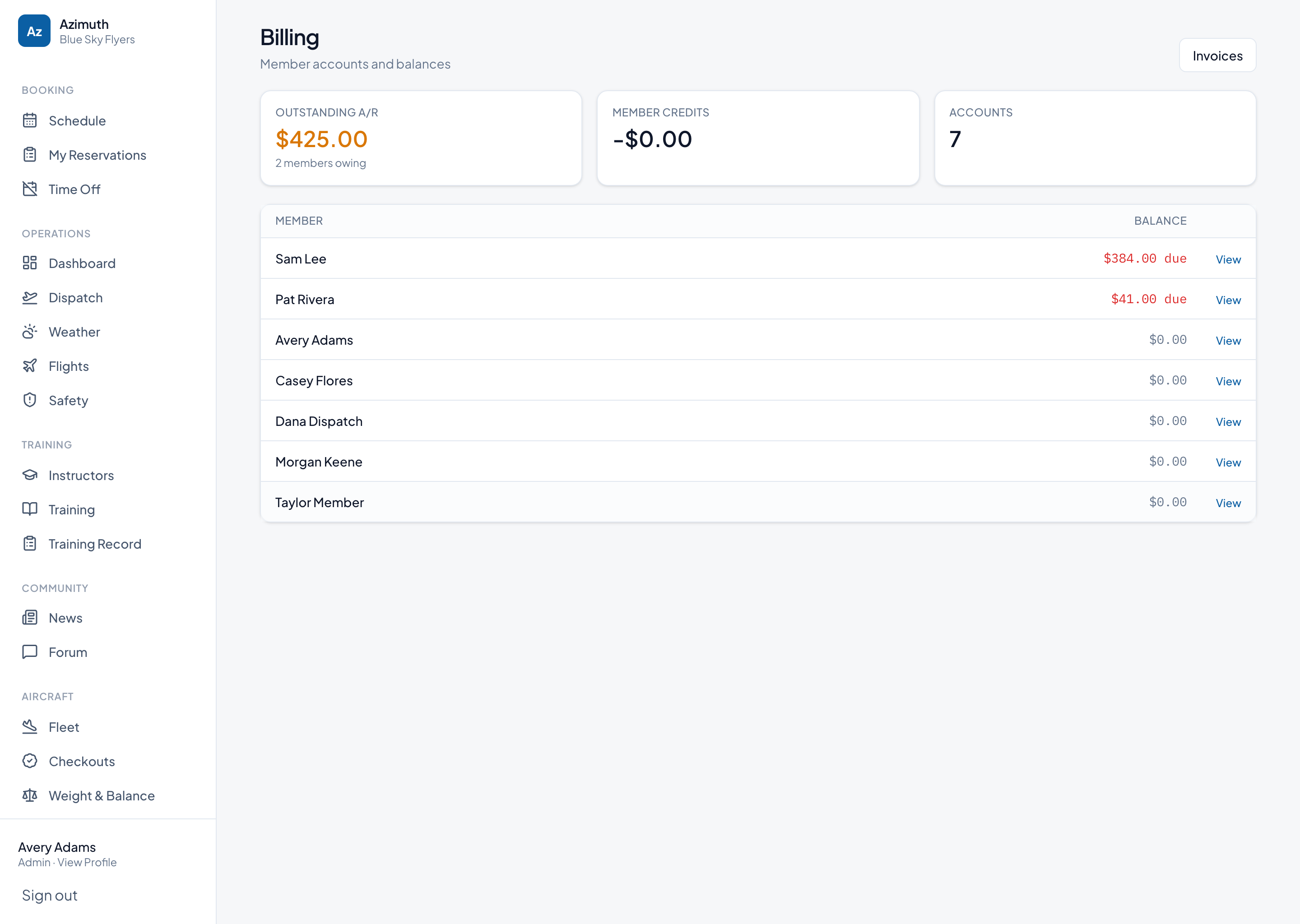 Azimuth billing — per-member ledger and club-wide A/R