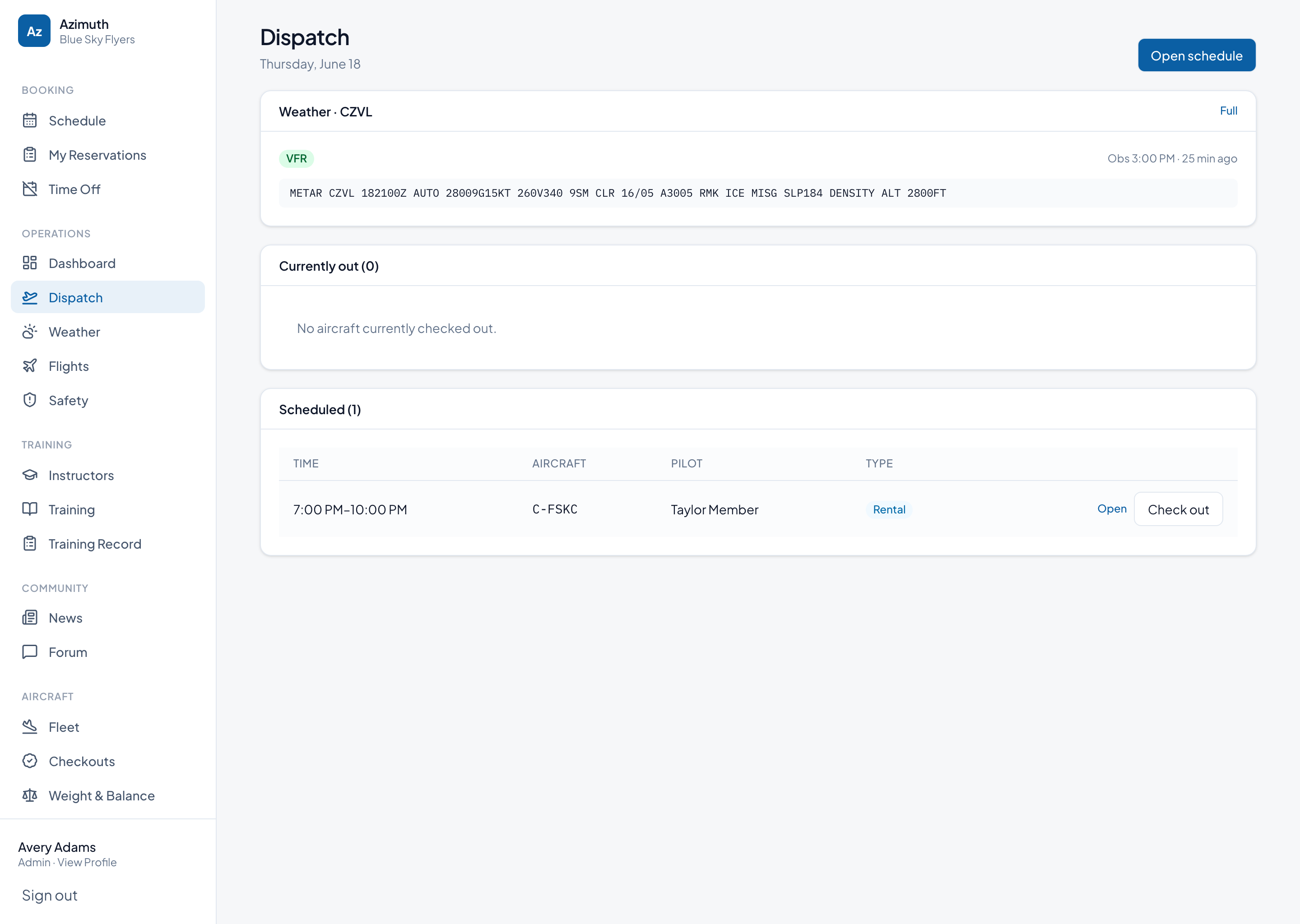 Azimuth dispatch — aircraft check-out / check-in board