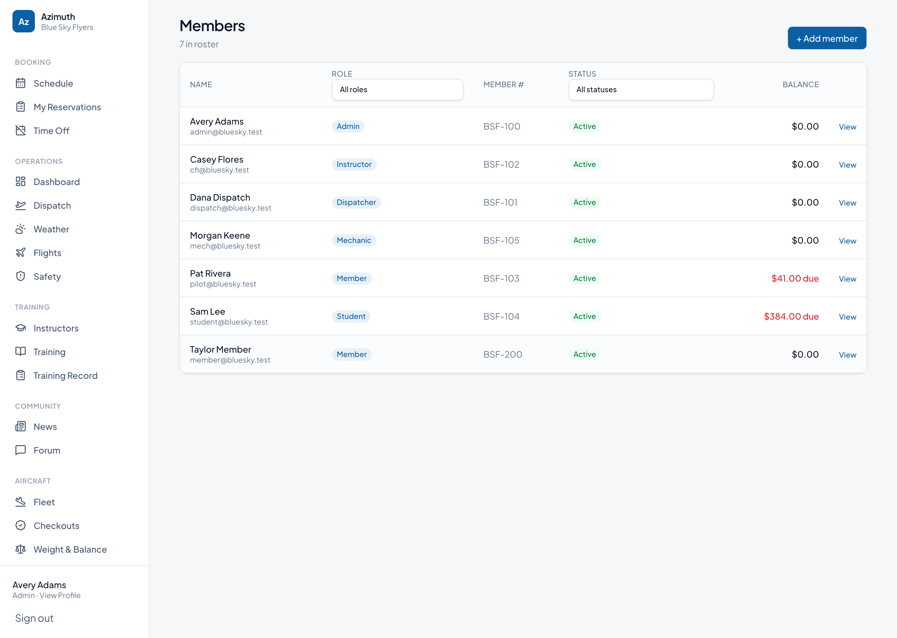 Azimuth members roster — profiles, roles, certificates, currency
