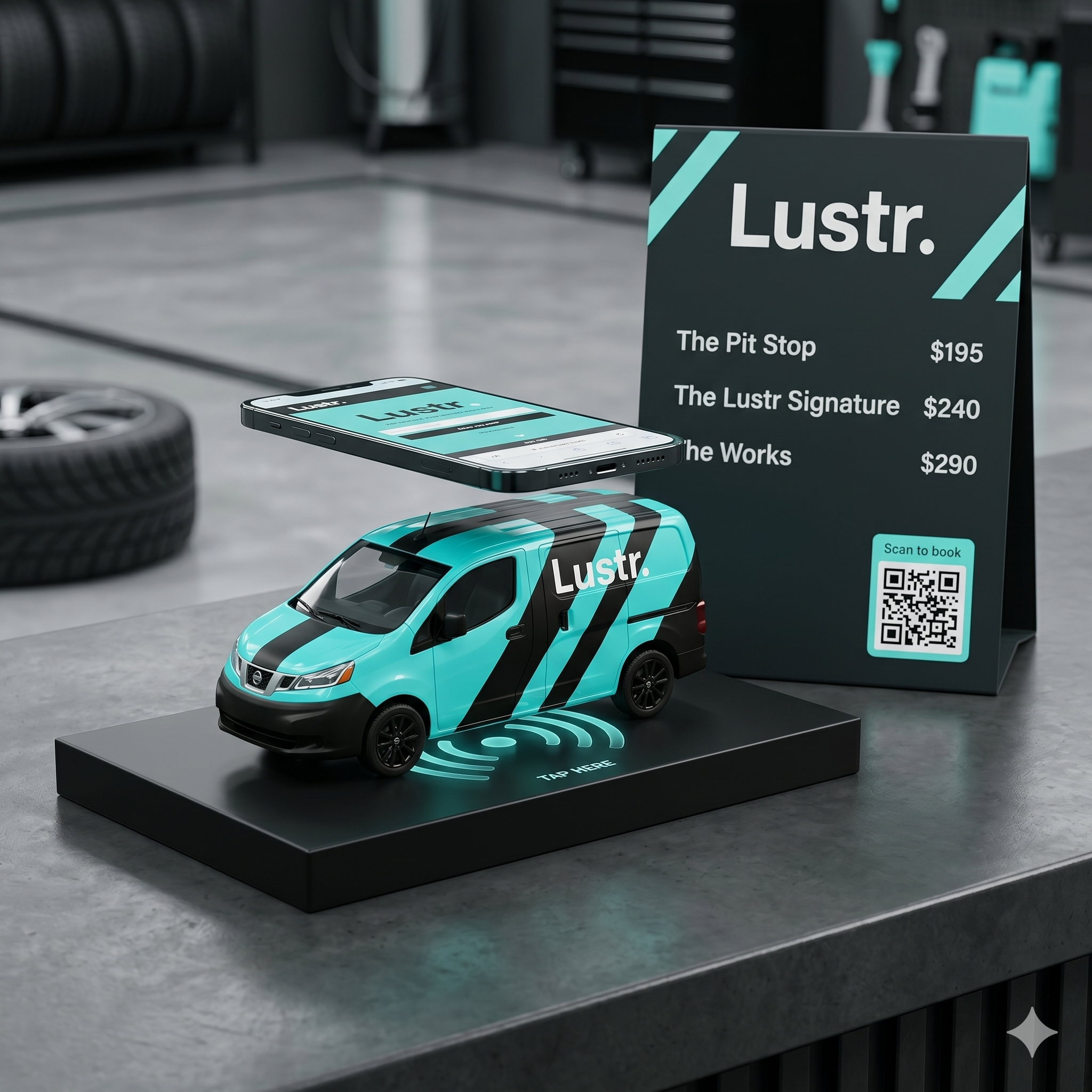NFC partner display concept — branded Lustr van model with tap pad and service menu tent card